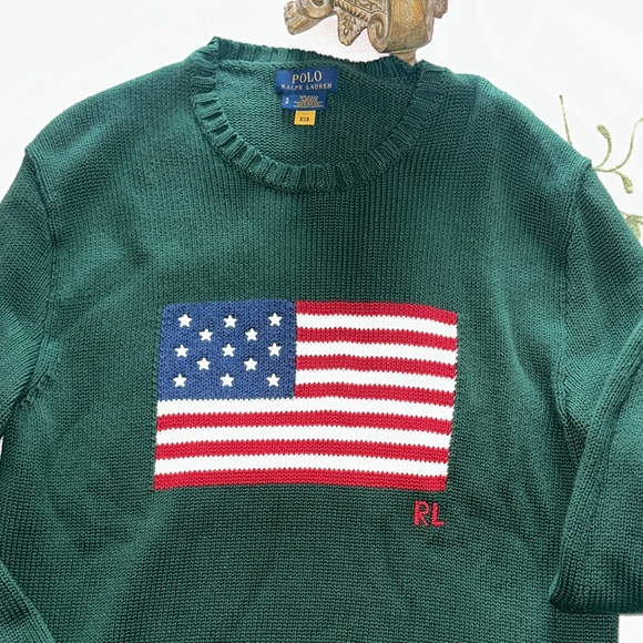 POLO Ralph Lauren Dark Green Crewneck Sweater with Flag - Picture 5 of 5